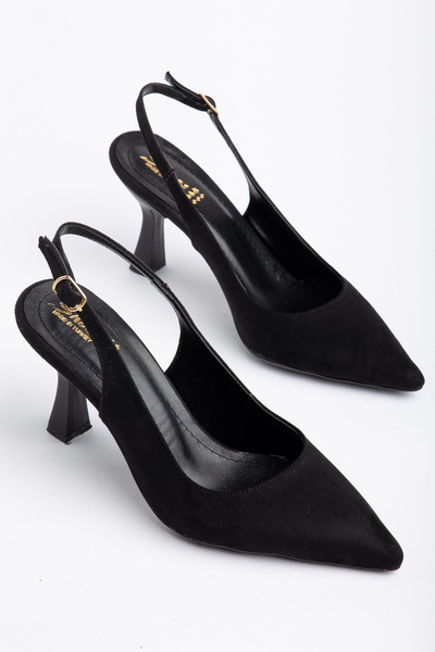 LEMUES SHOES Kadın Siyah Süet Tokalı Sivri Burun Kilasik Topuklu Ayakkabı