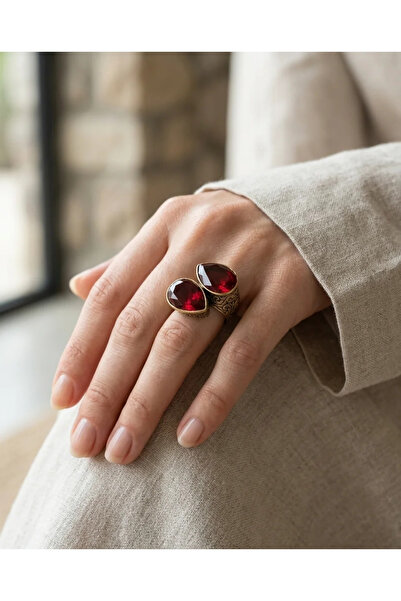 Dorvina Bronze Vintage Women's Ring Authentic Jewelry Red Drop Stone Adjustab...