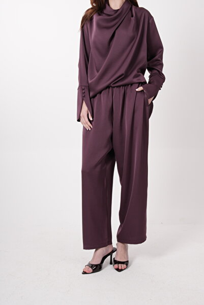 LUNA Drape Detaylı Mürdüm İpek Saten Takım