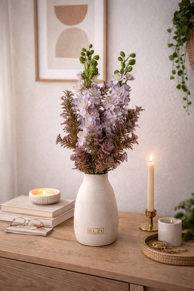 ELZI ATÖLYE Lila Şebboy & Mor Tonlu Yapraklı Yapay Çiçek Buketi 60-70 cm | Za...