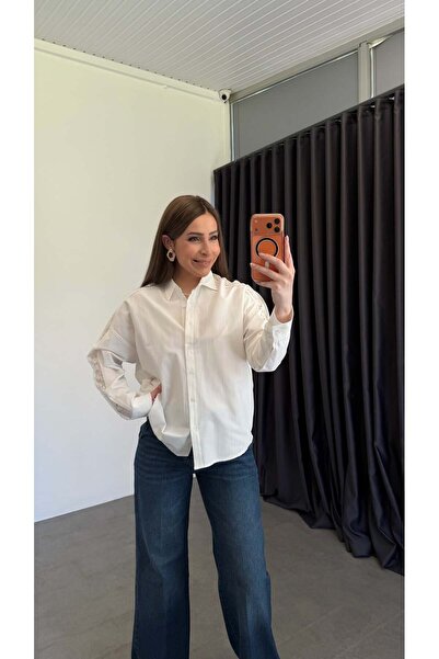 elif teke Elanzo Sleeves Lace Striped Shirt White