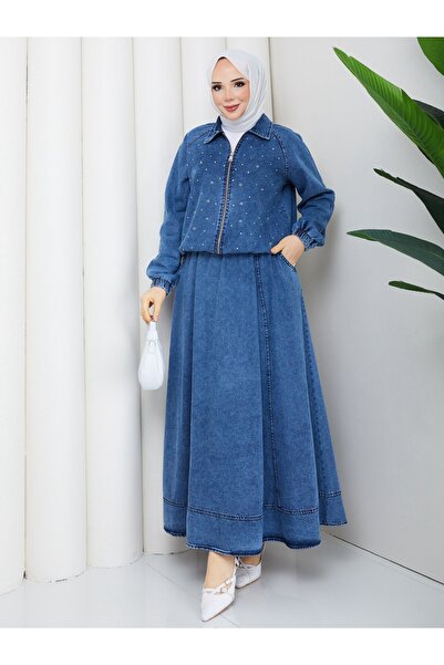 nisanurfashion Stone Embellished Blue Denim Skirt Set