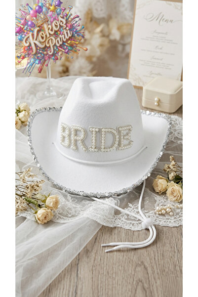 Kokoş Parti Beyaz Bride Taşlı ve İncili Lüks Kovboy Şapkası • Cowgirl Şapka •...