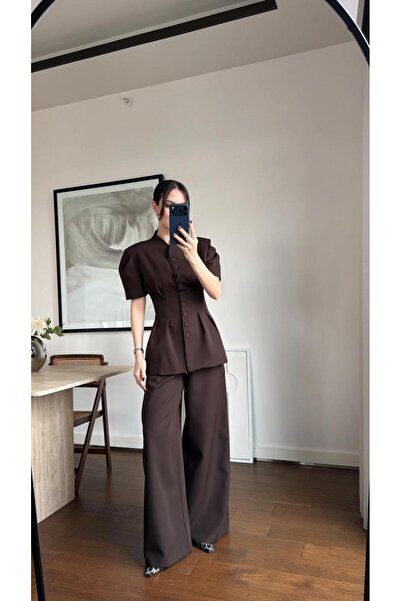 JaMolls Buttoned Waist-Fitting Stand-Up Collar Short-Sleeved Design Blouse Ja...