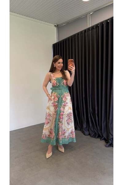 elif teke فستان نولي أخضر بحزام سميك