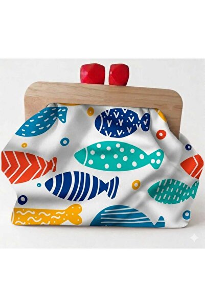 handedizayn Balıklar 1 Ahşap Burslu Zincir Askılı Clutch Omuz Çantası