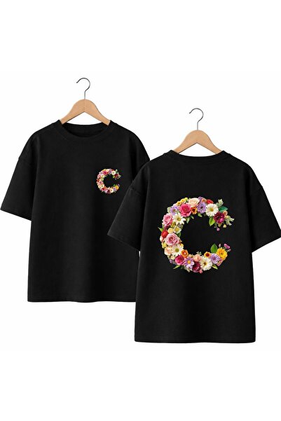 playwear Tricou cu imprimeu cu literele C și flori, 100% bumbac, supradimensi...