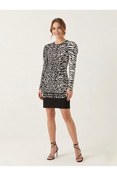 Neden Tekstil Μίνι φόρεμα ώμου με μπαλόνια σε μαύρο και άσπρο σχέδιο ζέβρας
