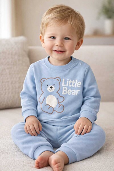 Tenra Unisex Bebek Mavi Little Bear Baskılı %100 Pamuk 2’li Üst Alt Takım