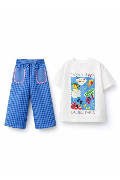La'ciel prss Spagetti Kız Çocuk Pantolon-Tshirt Alt Üst Takım Mavi Pötikare P...