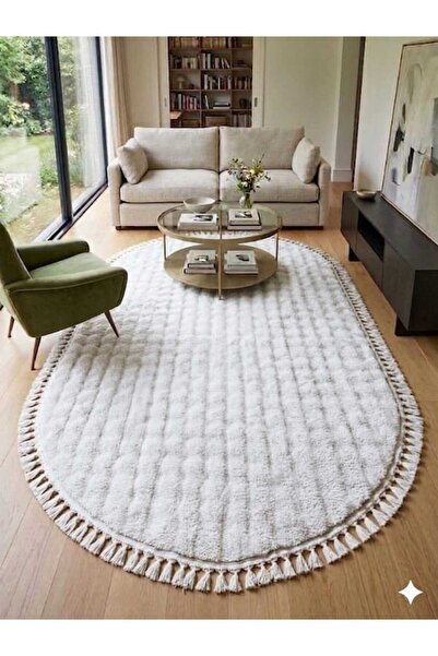 ALTUN CARPET ΜΟΝΤΕΡΝΟ ΛΕΥΚΟ ΟΒΑΛ ΧΑΛΙ ΣΑΛΟΝΙΟΥ/ΔΙΑΔΡΟΜΗΣ ΜΕ ΠΟΝΠΟΝ, ΑΝΤΙΟΛΙΣΘ...