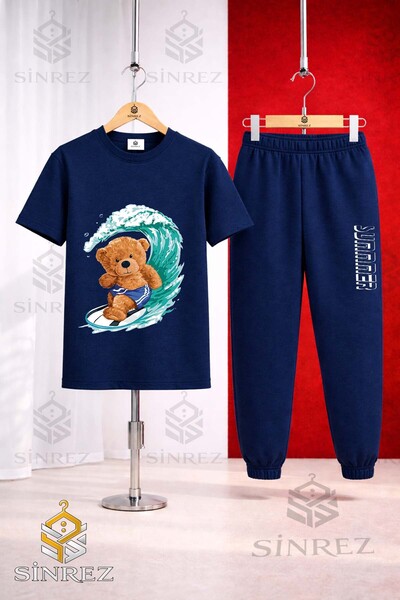 SİNREZ Set de trening unisex pentru copii, cu tricou imprimat AYICIK SORTLU SURF