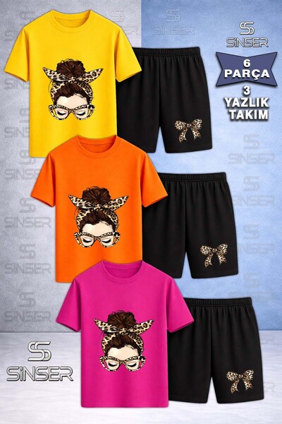 SS SİNSER Children's Girls Head Leopard Ribbon Custom Printed Crew Neck 3-Pie...