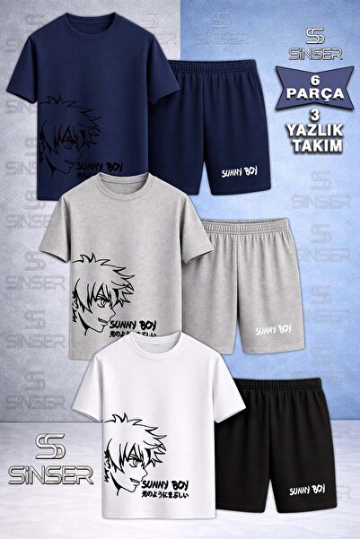 SS SİNSER Children's Sunny Boy Black Special Printed Crew Neck 3-Piece T-Shir...