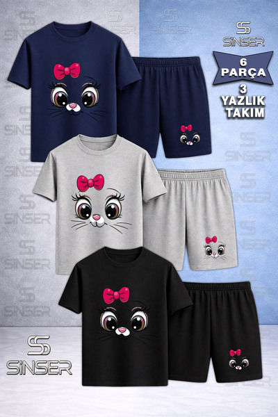 SS SİNSER Παιδικό T-Shirt 3 τεμαχίων με λαιμόκοψη με στάμπα CAT EYE PINK RIBB...