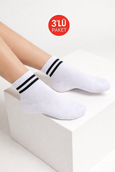Onouqo Set of 3 Women's White Striped Short College Socks - Comfortable Tenni...