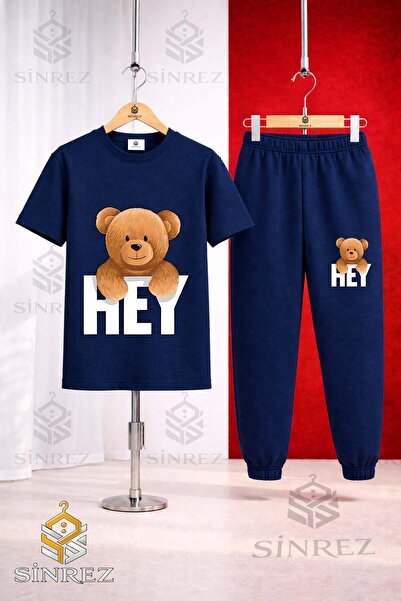 SİNREZ Set de trening unisex pentru copii, cu tricou imprimat cu ursuleț și m...