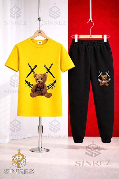 SİNREZ Unisex Kids Ayicik Yarn Carpi Syh Printed T-Shirt Tracksuit Set