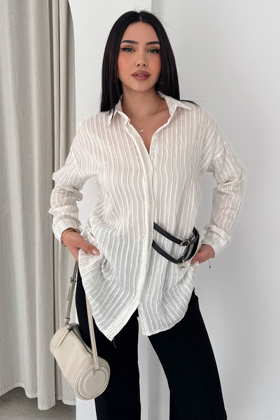 Noa&Noa Women's Striped Belted Shirt – Loose Fit Buttoned Stylish Blouse