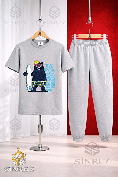 SİNREZ Unisex Kids Ayicik Syh Surf Sapka Printed T-Shirt Tracksuit Set