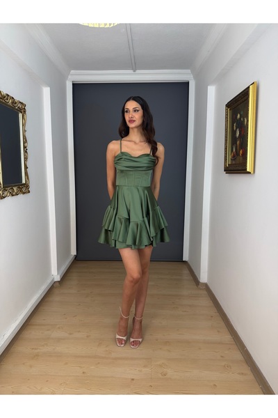 gökkuşagı moda Haki Saten Sırtı Bağlamalı Kısa Abiye Elbise