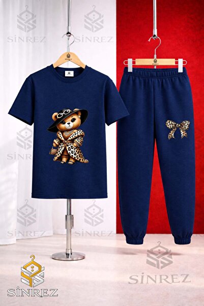 SİNREZ Unisex Kids' T-Shirt and Sweatpants Set with Bear, Leopard, and Fur Pr...