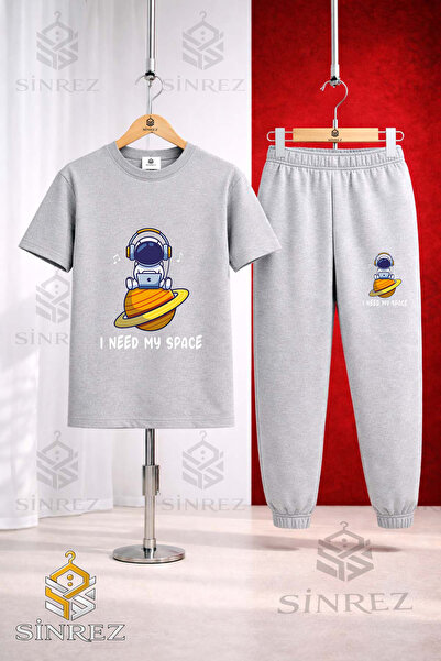 SİNREZ Unisex Kids Astronaut Space Planet Superior Printed T-Shirt Tracksuit Set