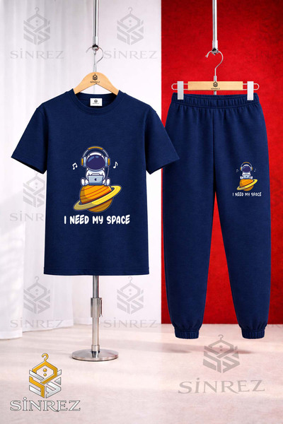 SİNREZ Unisex Kids Astronaut Space Planet Superior Printed T-Shirt Tracksuit Set