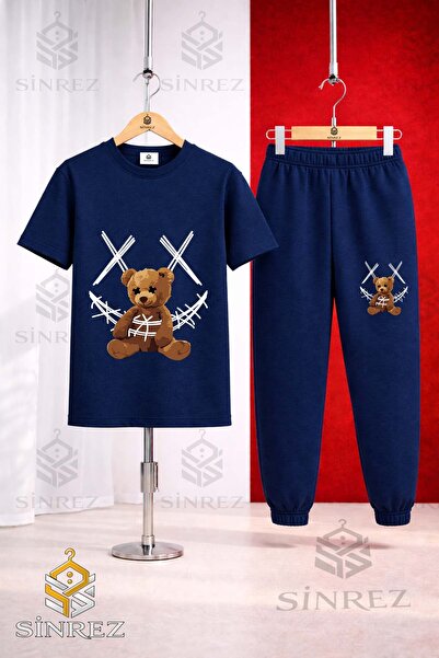 SİNREZ Unisex Kids Ayicik Yarn Carpi Byz Printed T-Shirt Tracksuit Set