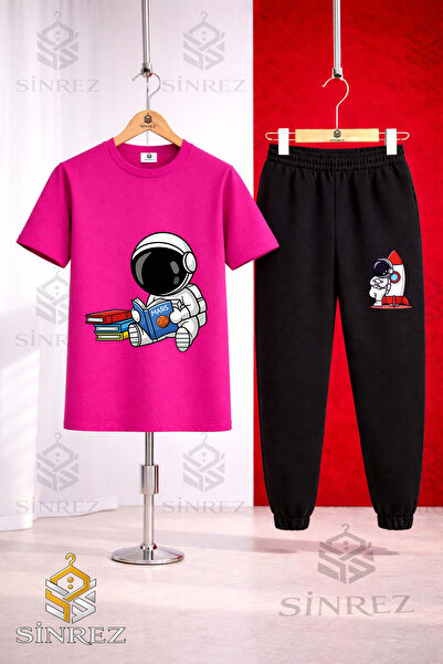 SİNREZ Set de trening unisex pentru copii ASTRONAUT READING BOOK, tricou impr...