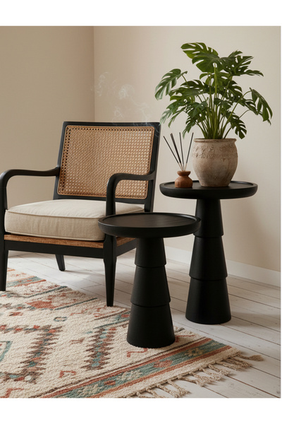 ASELYA HOME Doğal Ahşap 2’li Set Siyah Mantar Yan Sehpa Modern Fiskos Zigon Ç...