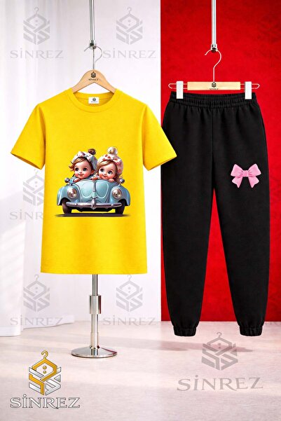 SİNREZ Unisex Kids Car 2Li Girl Cute Printed T-Shirt Tracksuit Set