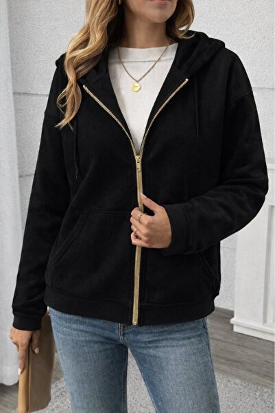 Generic Brand Women's Long Sleeve Hooded Zippered Front Pocket Detailed Fleec...