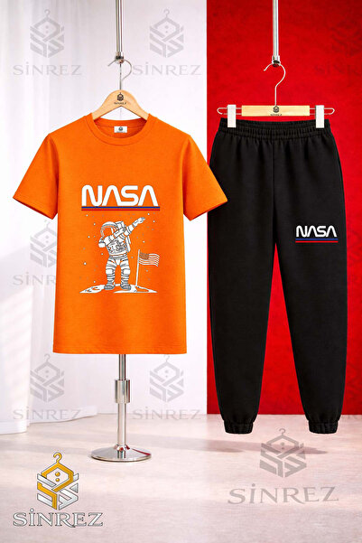 SİNREZ Unisex Kids Astronaut Beige Nasa Text Printed T-Shirt and Sweatpants Set