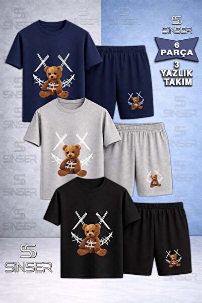 SS SİNSER Children's Bear Yarn Carpi White Custom Printed Crew Neck 3-Piece T...