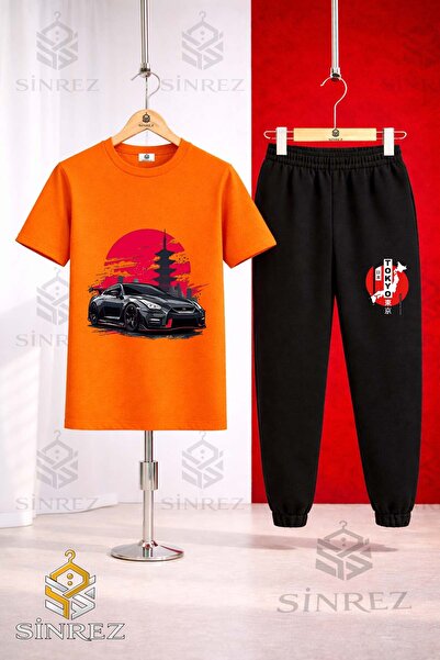 SİNREZ Unisex Kids' Car Syh Tokya Daire Onunde Printed T-Shirt Tracksuit Set