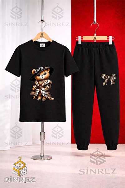 SİNREZ Unisex Kids' T-Shirt and Sweatpants Set with Bear, Leopard, and Fur Pr...