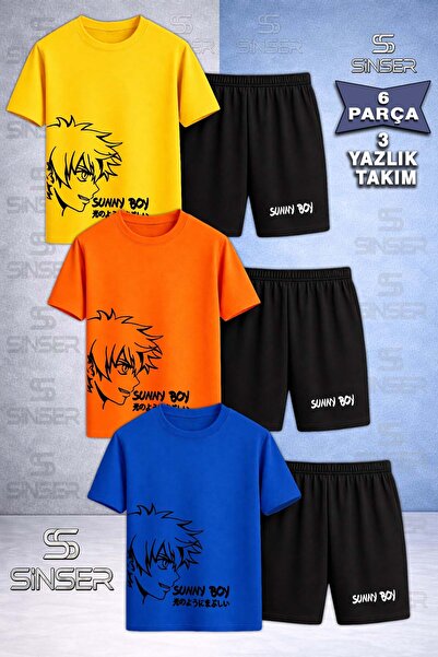 SS SİNSER Children's Sunny Boy Black Special Printed Crew Neck 3-Piece T-Shir...