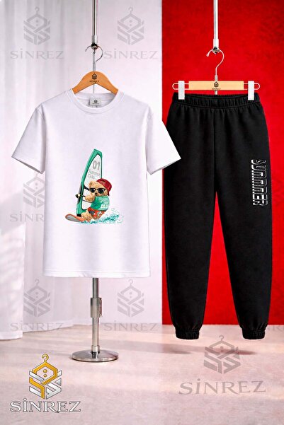 SİNREZ Unisex Kids Bear Surf Sea Printed T-Shirt and Sweatpants Set