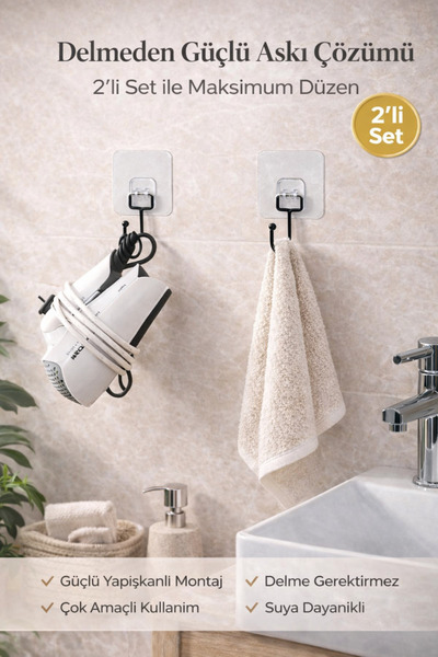 Alper Banyo Güçlü Yapışkanlı Duvar Askısı Siyah Statik Boyama Mutfak Havlu Ka...