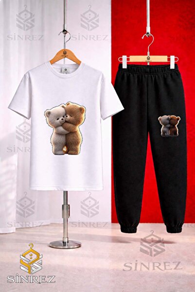SİNREZ Set de trening unisex pentru copii, cu tricou imprimat, 2 piese
