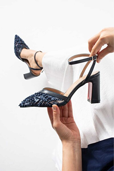 Shoes Yeni Sezon Fileli Boncuk Örme Lacivert Cilt Topuk Yüksekliği 9CM Kalın ...