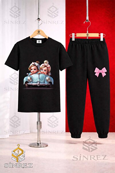 SİNREZ Set de trening unisex pentru copii CAR 2LI GIRL CU imprimeu drăguț