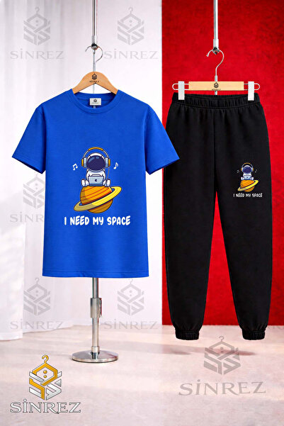SİNREZ Unisex Kids Astronaut Space Planet Superior Printed T-Shirt Tracksuit Set