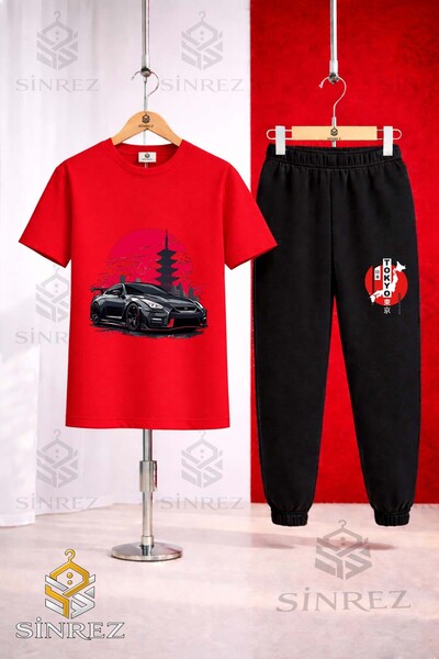 SİNREZ Unisex Kids' Car Syh Tokya Daire Onunde Printed T-Shirt Tracksuit Set