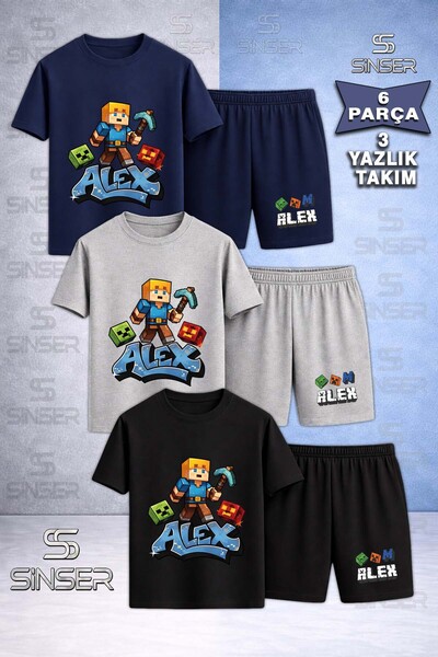 SS SİNSER Children's Alex Mavi Baltali Special Printed Crew Neck 3-Piece T-Sh...