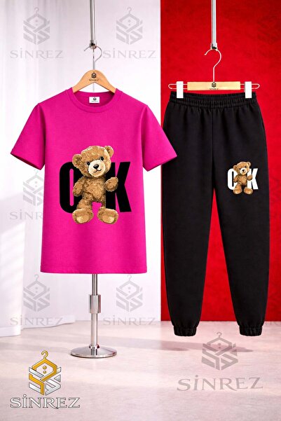 SİNREZ Set de trening unisex pentru copii AYICIK OK SYH cu tricou imprimat