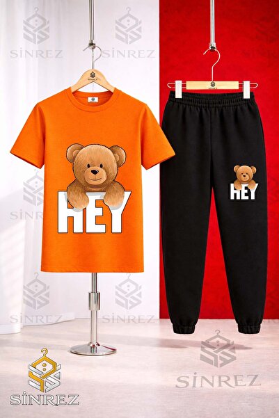 SİNREZ Set de trening unisex pentru copii, cu tricou imprimat cu ursuleț și m...