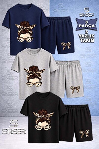 SS SİNSER Children's Girls Head Leopard Ribbon Custom Printed Crew Neck 3-Pie...