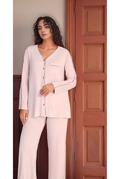 NightLove بدلة لوسا نسائية بأكمام طويلة وياقة على شكل حرف V C840-854